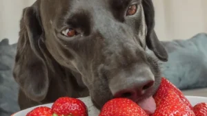 dog eats strawberries