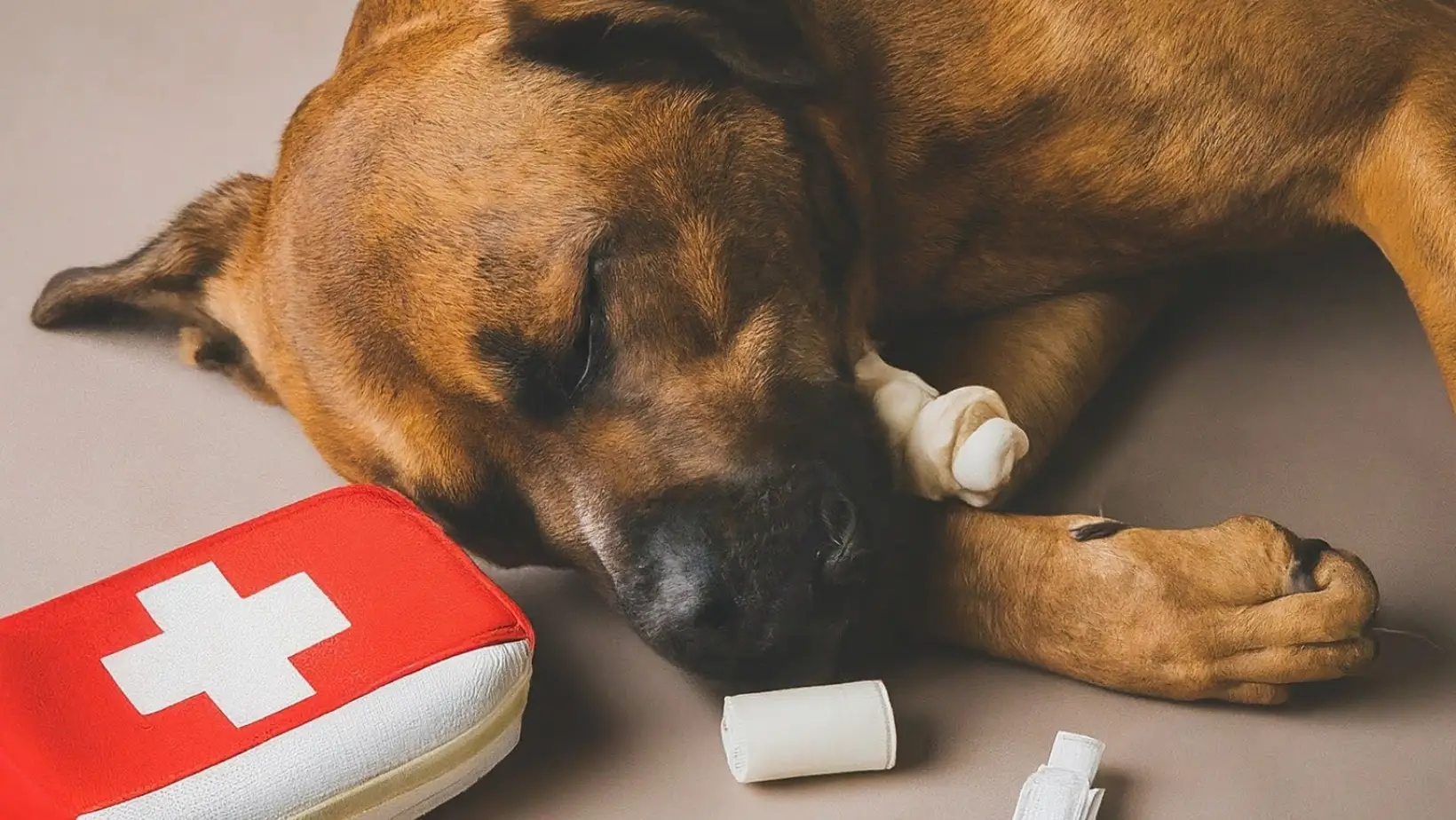 a dog is with first aid kit