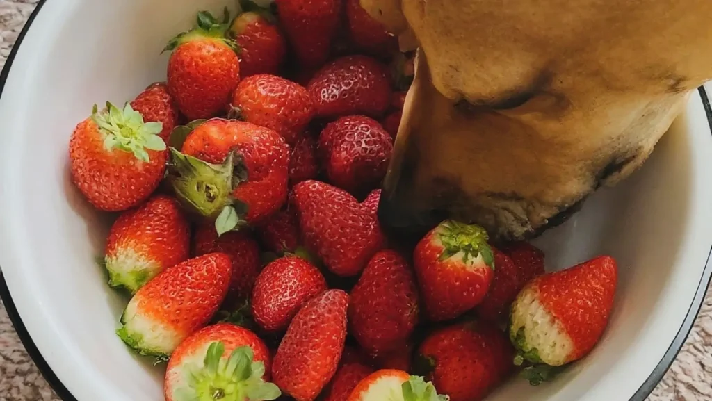 dog eats strawberries