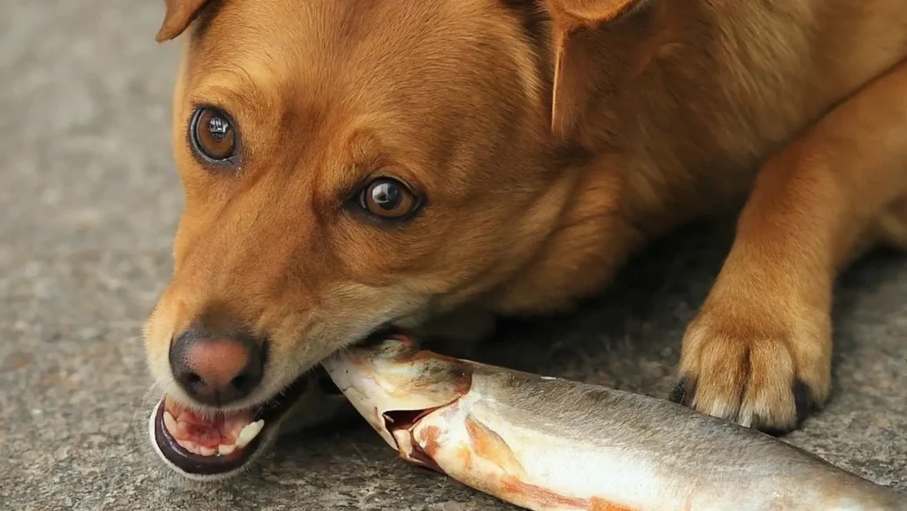 dog is eating fish